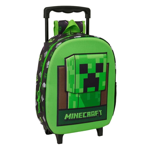 Safta Minecraft Mochila con Carro - Portabotellas - Hombreras Acolchadas - Asa de Mano - 27x33x10cm - Color Verde y Negro