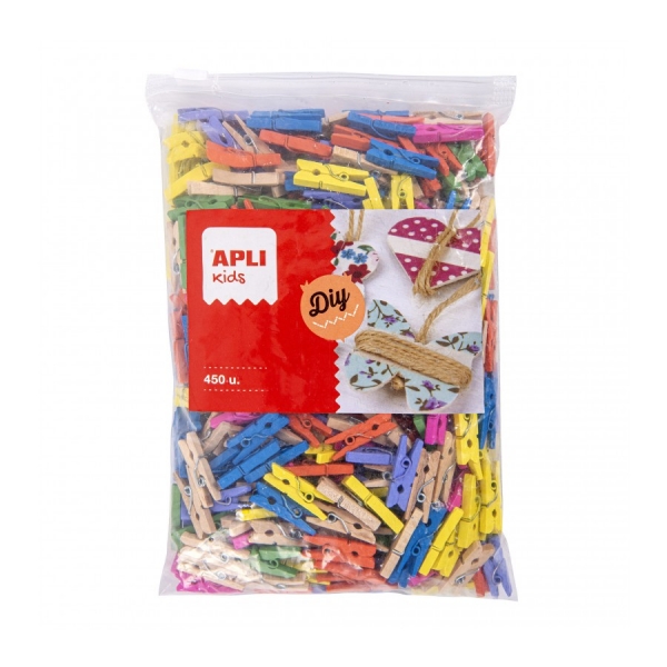 Apli Pack de 450 Mini Pinzas de Madera - Ideal para Decorar y Sujetar Tarjetas, Fotos y Mas - Perfectas para Escuelas y Eventos - Colores Surtidos