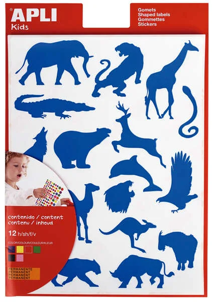Apli Gomets Animales Salvajes - 204 Unidades por Bolsa - Formas de Elefante, Tigre, Jirafa y Mas - Adhesivo Base Agua y Materiales 100% Reciclables