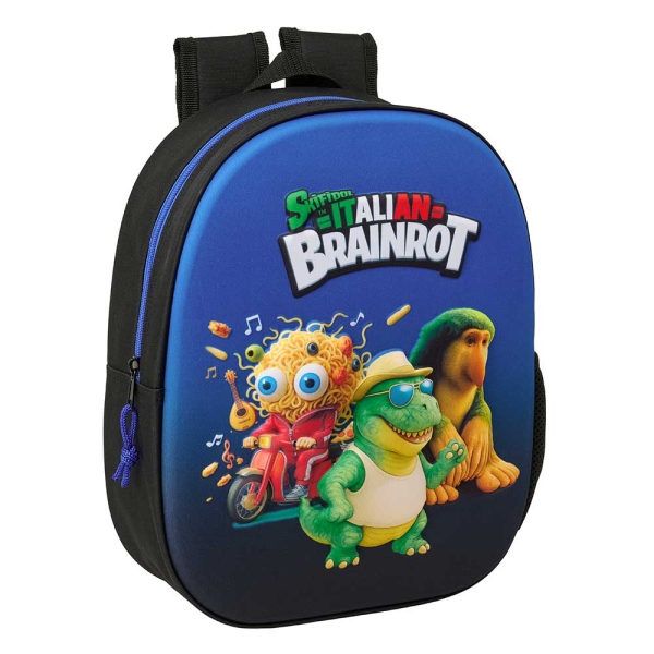 Safta Brainrot Mochila 3D - Portabotellas - Hombreras Acolchadas - Asa de Mano Superior - 27x33x10cm - Color Negro y Azul
