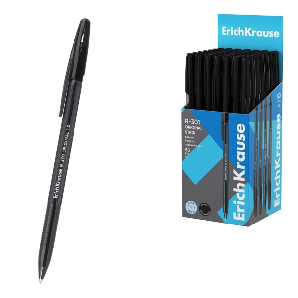 ErichKrause R-301 Stick Original Boligrafo con Capuchon - Punta de 1.0mm - Cuerpo Transparente - Trazo 0.5mm - Tinta de Secado Rapido - Tapa Ventilada - Color Negro · Pack de 50 uds.