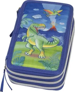 Faber-Castell Diseño Dinosaurio Estuche de 3 Pisos con Contenido de Serie: Goma de Borrar, Sacapuntas, Lapiz de Grafito HB, 2 Boligrafos (Azul y Rojo), Regla de 15cm, 18 Lapices de Colores,