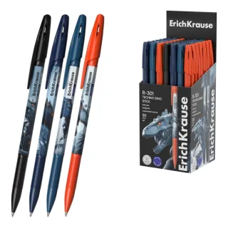 ErichKrause R-301 Stick Techno Dino Boligrafo con Capuchon - Modelos Surtidos - Trazo 0.35mm - Tinta de Secado Rapido - Tapa Ventilada - Color Azul · Pack de 50 uds.