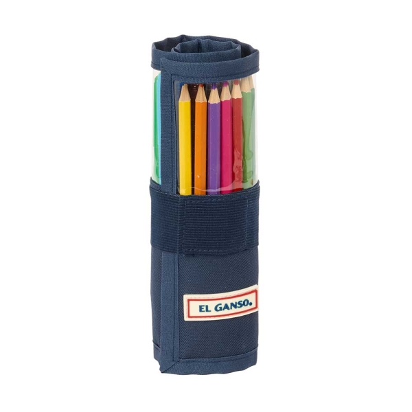 Safta el Ganso Eclipse Plumier Enrollable - 27 Piezas - Cierre con Velcro - Bolsillo con Cremallera - Goma - Lapiz - Boligrafos - Sacapuntas - 10 Rotuladores - 70x70x200mm - Color Azul Marino