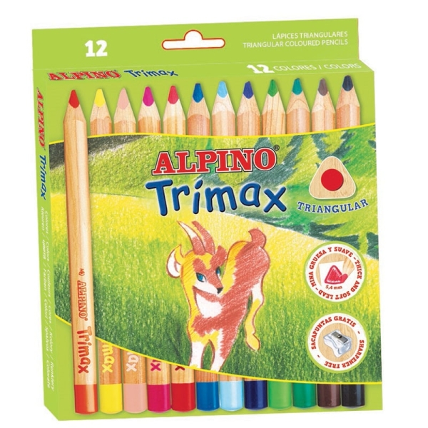 Alpino Trimax Pack de 12 Lapices de Colores Triangulares Gruesos + Sacapuntas - Mina de 5.4mm - Resistente al Agua - Bandeja Extraible - Colores Surtidos