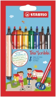 Stabilo Trio Scribbi Pack con 8 Rotuladores - Trazo entre 1,5-2mm - Forma Triangular - Tinta Super Lavable - Colores Surtidos