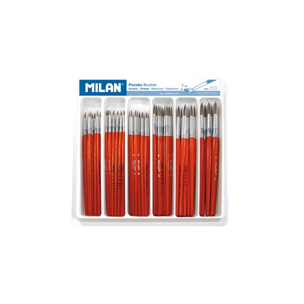 Milan 101 Pack de 120 Pinceles Escolares Redondos - Bandeja - Formatos Surtidos - Color Marron