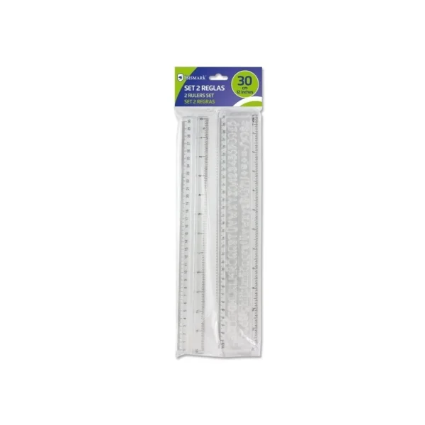 Bismark Pack de 2 Reglas Milimetradas 30cm - Con Plantilla de Caracteres Rotulables - Ideal para Colegio - Fabricada en Plastico - Transparente