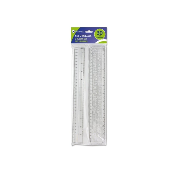 Bismark Pack de 2 Reglas Milimetradas 30cm - Con Plantilla de Caracteres Rotulables - Ideal para Colegio - Fabricada en Plastico - Transparente