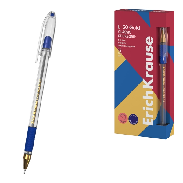 ErichKrause L-30 Gold Stick and Grip Classic Boligrafo con Capuchon - Punta de Aguja 0.7mm - Cuerpo Transparente - Trazo 0.26mm - Zona de Agarre de Goma - Tinta de Secado Rapido - Tapa Ventilada - Color Azul · Pack de 12 uds.
