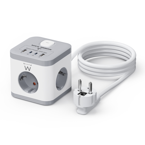 Ewent Regleta con 6 Tomas de Sobremesa - 3x Schuko 16A - 2x USB-A - 2x USB-C - Proteccion Infantil - Interruptor On/Off - Forma de Cubo - Cable de 1.5m - Color Blanco/Gris