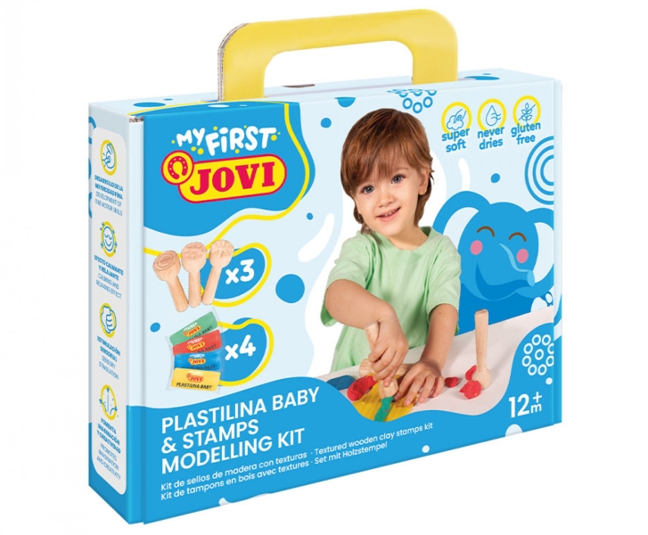 Jovi My First Plastilina Kit de Modelaje con 4 Pastillas de Plastilina 38gr + 3 Estampadores de Madera - Super Blanda - Estimula Creatividad y Sensibilidad Tactil - Fortalece Musculos de Man