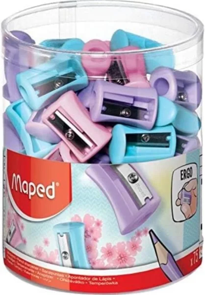 Maped Vivo Pastel Sacapuntas de Plastico con 1 Orificio - Cuchilla de Acero Afilada y Resistente - Colores Pastel Surtidos · Pack de 75 uds.