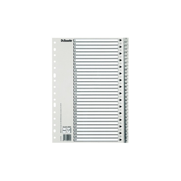 Esselte Indice Numerico de Plastico - Pestañas 1 al 31 - Multitaladro - Formato A4 - Color Gris · Pack de 25 uds.