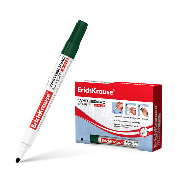Erichkrause W-500 Rotulador para Pizarra Blanca - Punta en Forma de Bala - Trazo de 0.8 a 2.5mm - Tinta a Base de Alcohol - Color Verde · Pack de 12 uds.