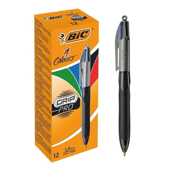 Bic 4 Colours Grip Pro Boligrafo de Bola Retractil - Punta de 1mm - Trazo de 0.4mm - Tinta con Base de Aceite - Cuerpo Negro con Grip de Agarre - 4 Colores · Pack de 12 uds.