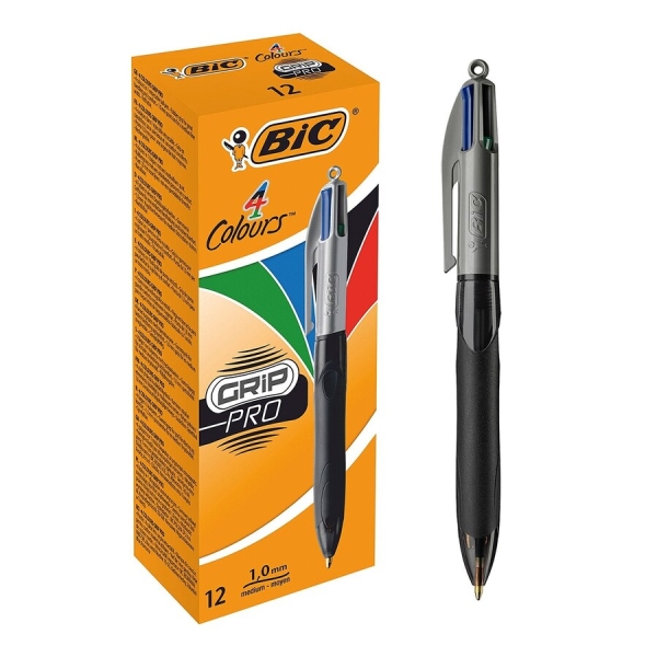 Bic 4 Colours Grip Pro Boligrafo de Bola Retractil - Punta de 1mm - Trazo de 0.4mm - Tinta con Base de Aceite - Cuerpo Negro con Grip de Agarre - 4 Colores · Pack de 12 uds.