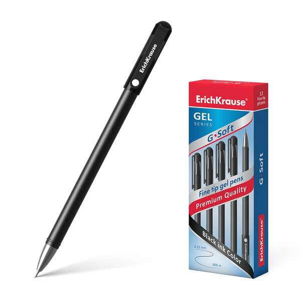 Erichkrause Boligrafo de Gel G-Soft - Revestimiento Soft Touch - Punta Fina de Tipo Aguja - Tinta de Secado Rapido - Color Negro · Pack de 12 uds.