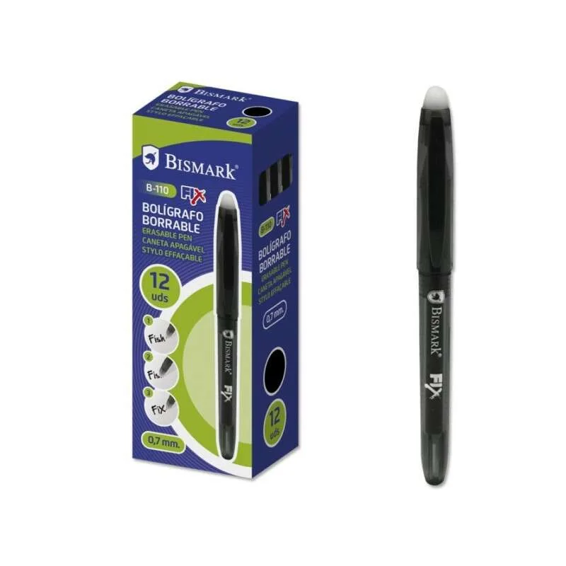 Bismark Fix Boligrafo Borrable - Punta 0.7mm - Con Capuchon - Color Negro · Pack de 12 uds.