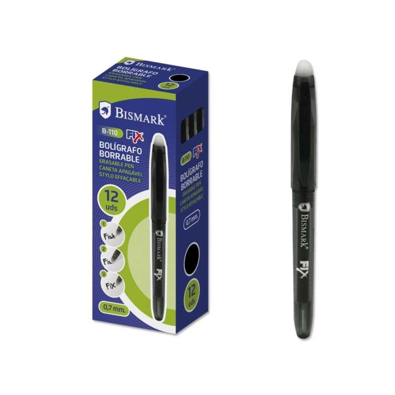 Bismark Fix Boligrafo Borrable - Punta 0.7mm - Con Capuchon - Color Negro · Pack de 12 uds.