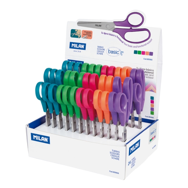Milan Basic Expositor con 24 Tijeras Basic - Mango Ergonomico - Punta Redondeada - Acero Inoxidable de 13.4cm - Colores Surtidos