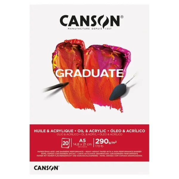 Canson Graduate Oleo & Acrilico Bloc Encolado de 20 Hojas A5 - 290g - Grano Fino - Color Blanco