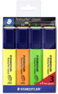 Staedtler Textsurfer Classic 364 Pack de 4 Marcadores Fluorescentes - Secado Rapido - Trazo 1 - 5mm Aprox - Colores Surtidos