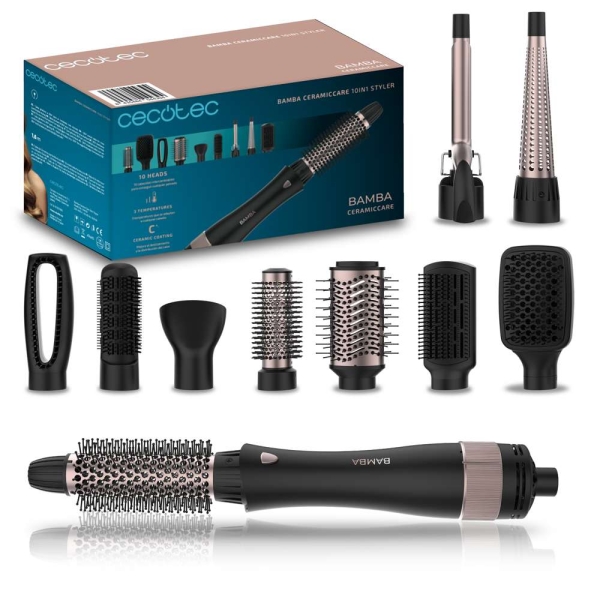 Cecotec Bamba CeramicCare 10in1 Styler Cepillo Alisador 10 en 1 - Potencia 1500W - Revestimiento Ceramico - Funcion Aire Frio - Cable Giratorio 360° - Cabezales Surtidos - Color Negro