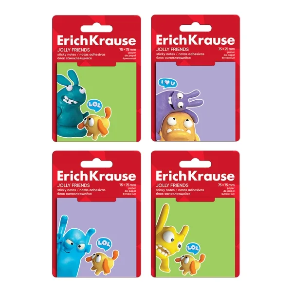 ErichKrause Jolly Friends Bloc de 50 Notas Adhesivas Reposicionables - Papel de 75g/m2 - 75x75mm - Pegamento a Base de Agua - Colores Surtidos