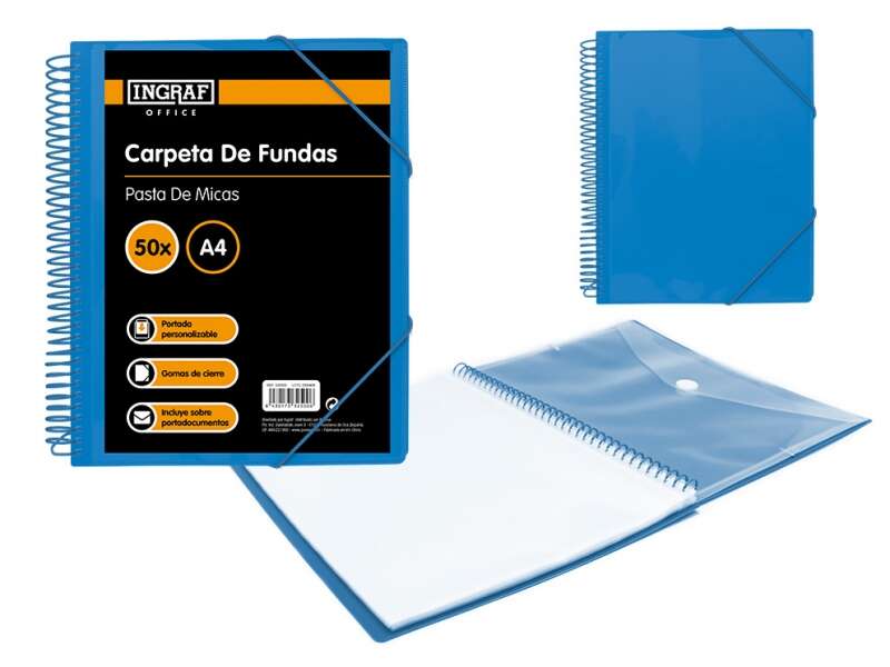Ingraf Carpeta 50 Fundas A4 + Sobre con Broche - Espiral Plastica Indeformable - Apertura 360 Grados - Portada Personalizable - Color Azul