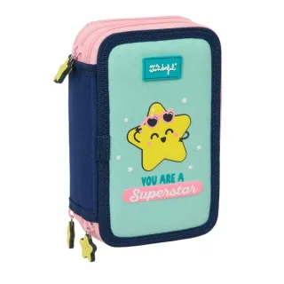 Safta Mr. Wonderful Estrella Plumier de 3 Pisos - 37 Piezas - Goma - Lapiz - 2 Boligrafos - Sacapuntas - 2 Reglas - 16 Colores - 14 Rotuladores - 12.5x19.5x5.5cm - Color Turquesa Claro