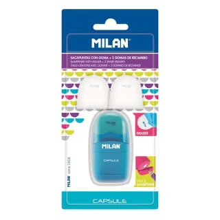 Milan Capsule Blister Afilaborras - Sacapuntas y Goma de Borrar + 2 Gomas de Borrar de Recambio - Cuchilla de Acero al Carbono - Para todo tipo de Lapices - Cuchilla de Seguridad - Colores S
