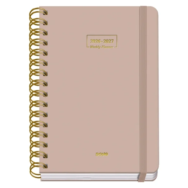 Dohe Premium Agenda Escolar 26/27 - Formato A5 - Dia Pagina - Papel Offset Ahuesado 80g - Cubierta de Carton Plastificado - Espiral Metalica Doble - Goma - 15x21x4cm - Color Beige