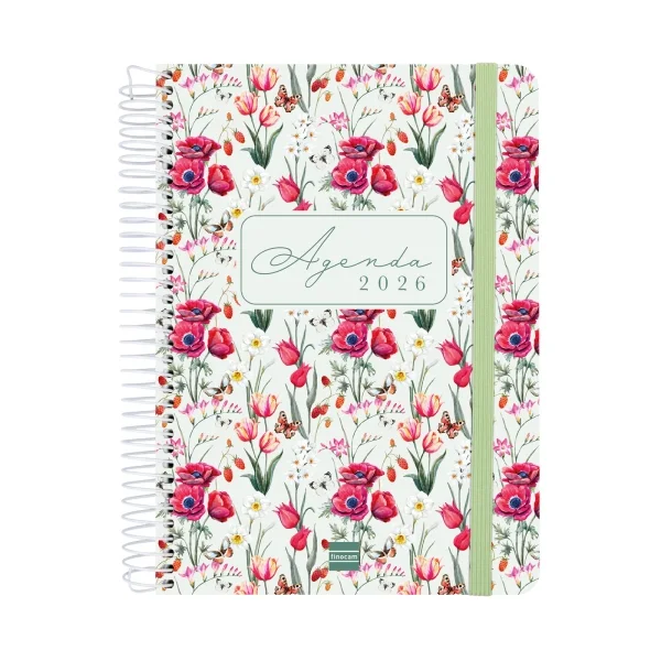 Finocam Cloe Agenda de Espiral en Catalan - Anual 2026 - Planificador - Cierre de Goma - Formato E10 - 175x28x214mm - 1 Dia por Pagina - Color Verde