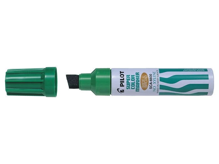 Pilot Super Color 6600 Rotulador Permanente Multisuperficie Extragrueso - Punta Biselada Extragruesa de Fibra - Tinta Base Alcohol Libre de Xileno - Cuerpo Metalico - Color Verde · Pack de 12 uds.