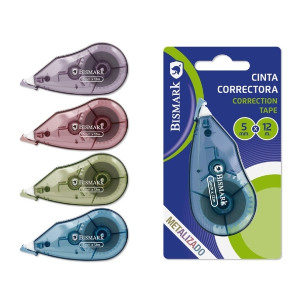 Bismark Metallic Cinta Correctora 5mmx12m - Perfecta Adherencia al Papel - Presentacion en Blister - Cuerpo de Colores Efecto Metalizado Surtidos · Pack de 24 uds.