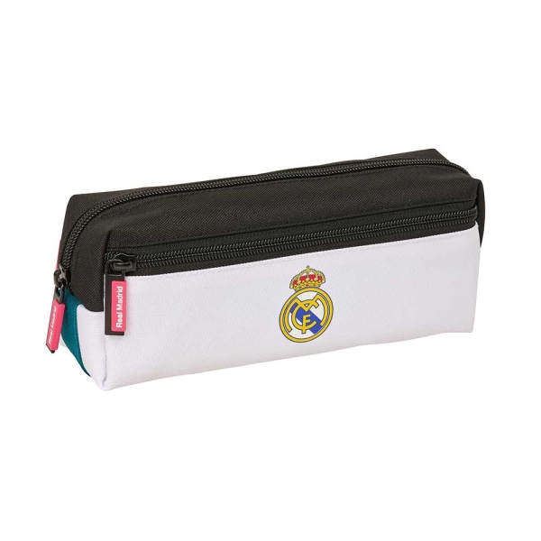 Safta Real Madrid Equipacion 26/27 Portatodo - 3 Compartimentos con Cremallera - Goma Elastica - Compacto - 22x8.5x6cm - Color Blanco y Negro