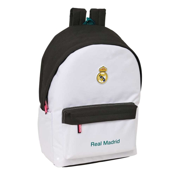 Safta Real Madrid Equipacion 26/27 Mochila para Portatiles hasta 15.6" - Bolsillo para Tablet hasta 11" - Antirrobo - Asa de Mano - Conector USB - Acolchada - 31x44x18cm - Color Blanco y Negro