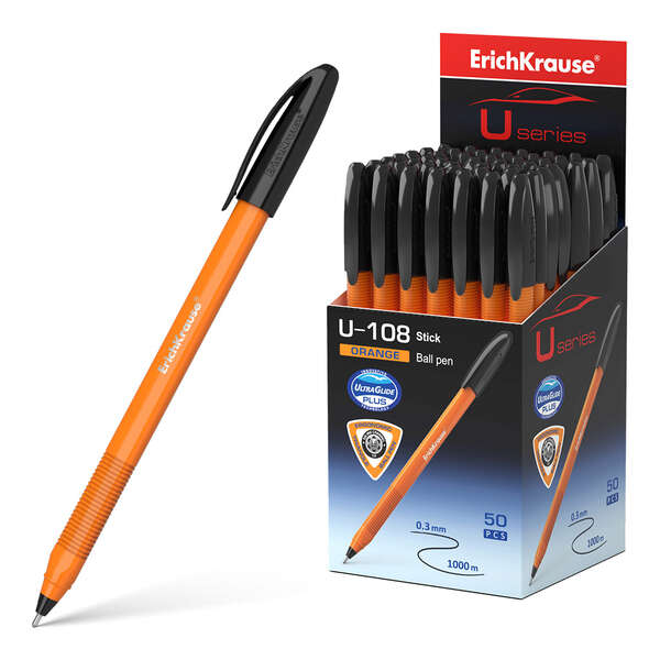 Erichkrause U-108 Boligrafo Clasico Orange - Punta de Bola 0.7mm - Trazo de 0.26mm - Tapa Ventilada - Cuerpo Opaco Naranja - Ultra Glide Technology - Color Negro · Pack de 50 uds.