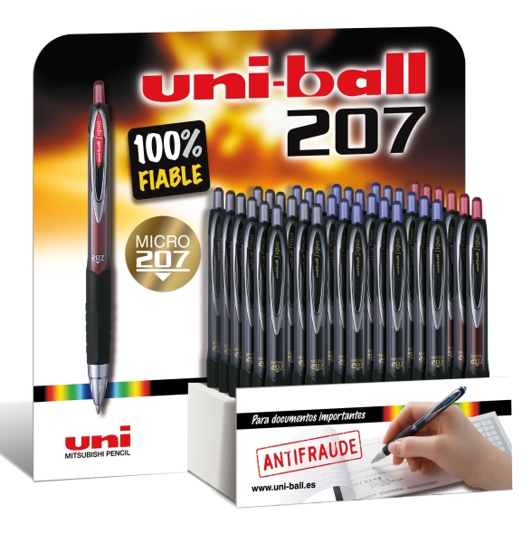 Uni-ball UMN-207 Signo Expositor con 36 Boligrafos - Punta de Bola 0.7mm - Grip de Caucho Antifatiga - Tinta Pigmentada Resistente a Luz y Agua - Colores Surtidos
