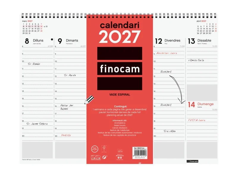 Finocam Neutro Vade Calendario en Catalan - Anual 2027 - Semana Vista Vertical - 420x310mm - Espiral Doble - Papel de 90g/m2 - Espacio para Notas - Tapas de Polipropileno - Color Rojo y Blanco