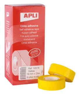 Apli Cinta Adhesiva Polipropileno 19mm x 33m - Resistente al Agua y a la Intemperie - Facil de Cortar con las Manos - Ideal para Etiquetar y Marcar - Color Amarillo · Pack de 8 uds.