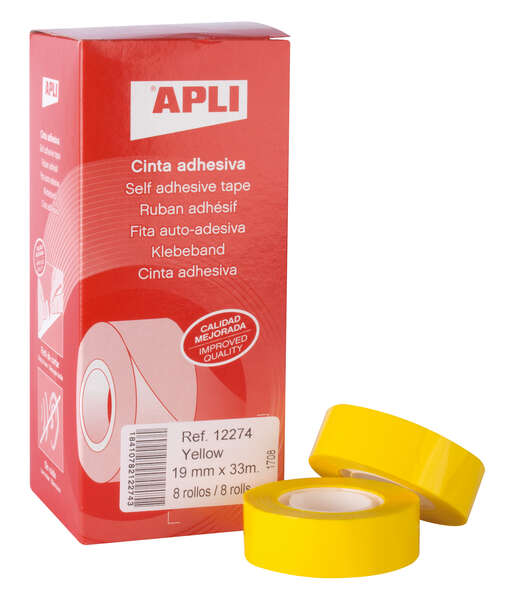 Apli Cinta Adhesiva Polipropileno 19mm x 33m - Resistente al Agua y a la Intemperie - Facil de Cortar con las Manos - Ideal para Etiquetar y Marcar - Color Amarillo · Pack de 8 uds.