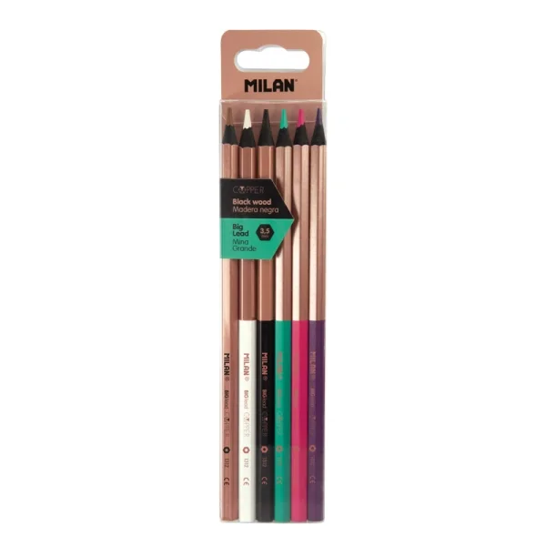 Milan Copper Pack de 6 Lapices de Colores - Madera Negra - Mina Gruesa - Hexagonales - Colores Surtidos