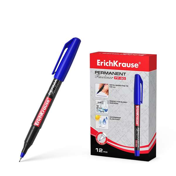 Erichkrause Marcador Permanente Fp-50 - Punta Fina de 0.6mm - Resistente a La Luz y al Agua - Color Azul · Pack de 12 uds.