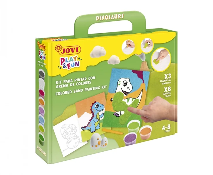 Jovi Play & Fun Kit Pinta con Arena Dinosaurs con 8 Botes de Arena + 1 Punzon + 3 Laminas con Diseños de Dinosaurios - Colores Surtidos