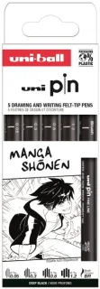 Uni-ball Uni Pin Manga Shonen Pack de 5 Rotuladores Calibrados 0.05, 0.3, 0.8, 1.2 y Brush - Punta Poliacetal - Tinta Pigmentada Resistente al Agua y Luz - Color Negro