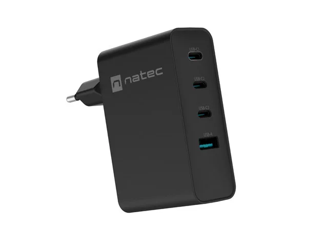 Natec Ribera Cargador de Pared GaN 100W - 1xUSB-A + 3xUSB-C - Carga Rapida - Color Negro