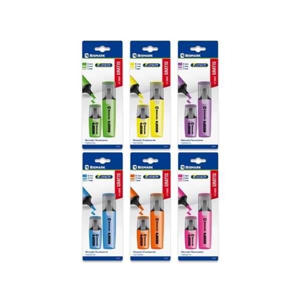 Bismark Long-Life Pack de 1 Mini Marcador + 1 Marcador Fluorescente - Tinta de Secado Rapido - Punta Biselada - Ideal para Subrayar y Resaltar - Diseño Ergonomico - Alta Durabilidad - Colore