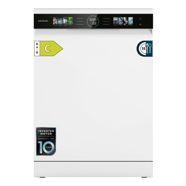 Cecotec Bolero Aguazero 6620 Lavavajillas de 60cm - 15 Servicios - Incluye Accesorios - Modo Turbo - Pantalla XXL - 8 Programas - Motor Inverter - Inicio Programable - Color Blanco y Negro
